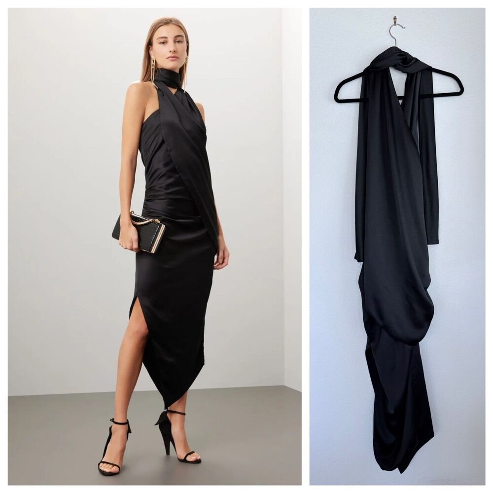 Arias New York Asymmetrical Draped Satin Crepe Halter Maxi Dress in Black Sz 12